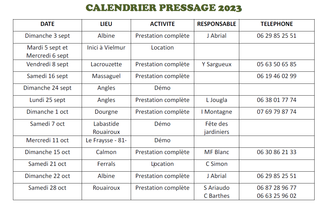 Calendrier de pressage 2023