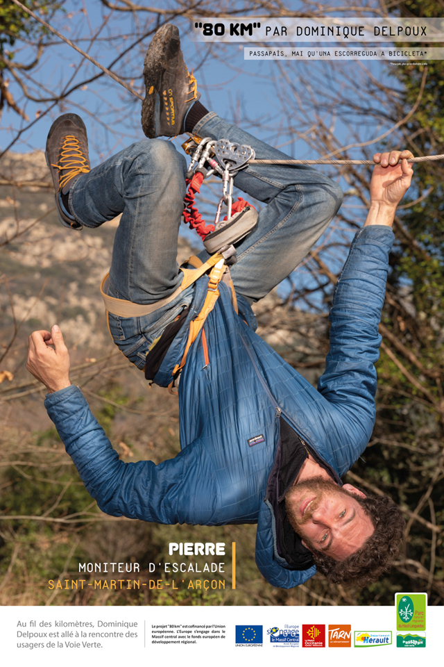 Affiche de l'exposition "80 km" sur la Voie verte du Parc naturel régional du Haut-Languedoc