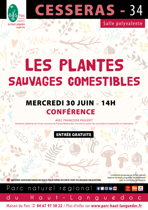 Affiche Conférence "Ces_plantes_sauvages_comestibles" organisée par le Parc naturel régional du Haut-Languedoc